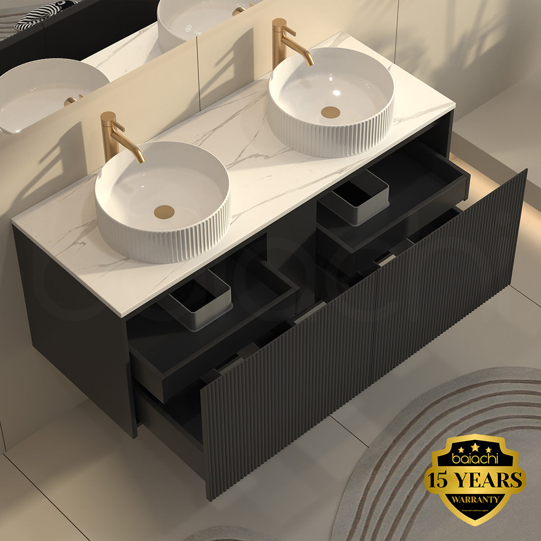 Baiachi Clermont 1500 Black Fluted Wall Hung Bathroom Vanity White Stone