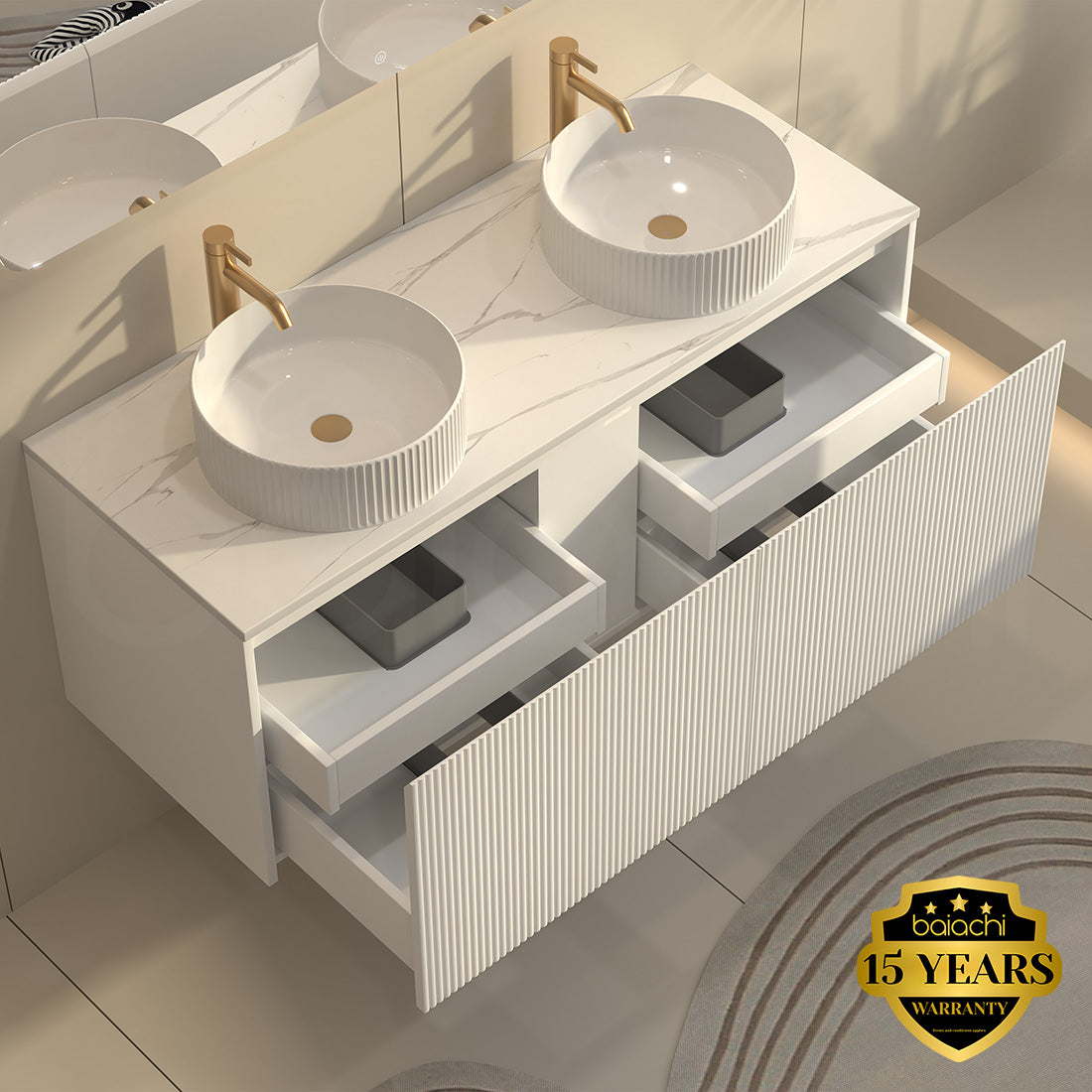 Baiachi Clermont 1500 White Fluted Wall Hung Bathroom Vanity White Stone