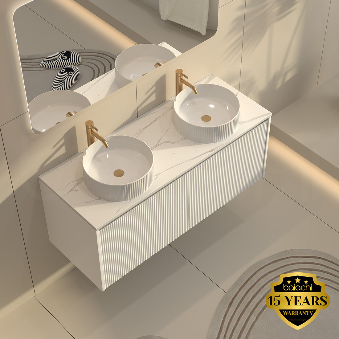 Baiachi Clermont 1500 White Fluted Wall Hung Bathroom Vanity White Stone