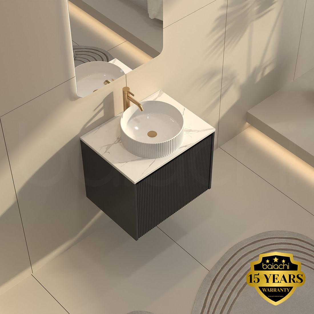 Baiachi Clermont 600 Black Fluted Wall Hung Bathroom Vanity White Stone