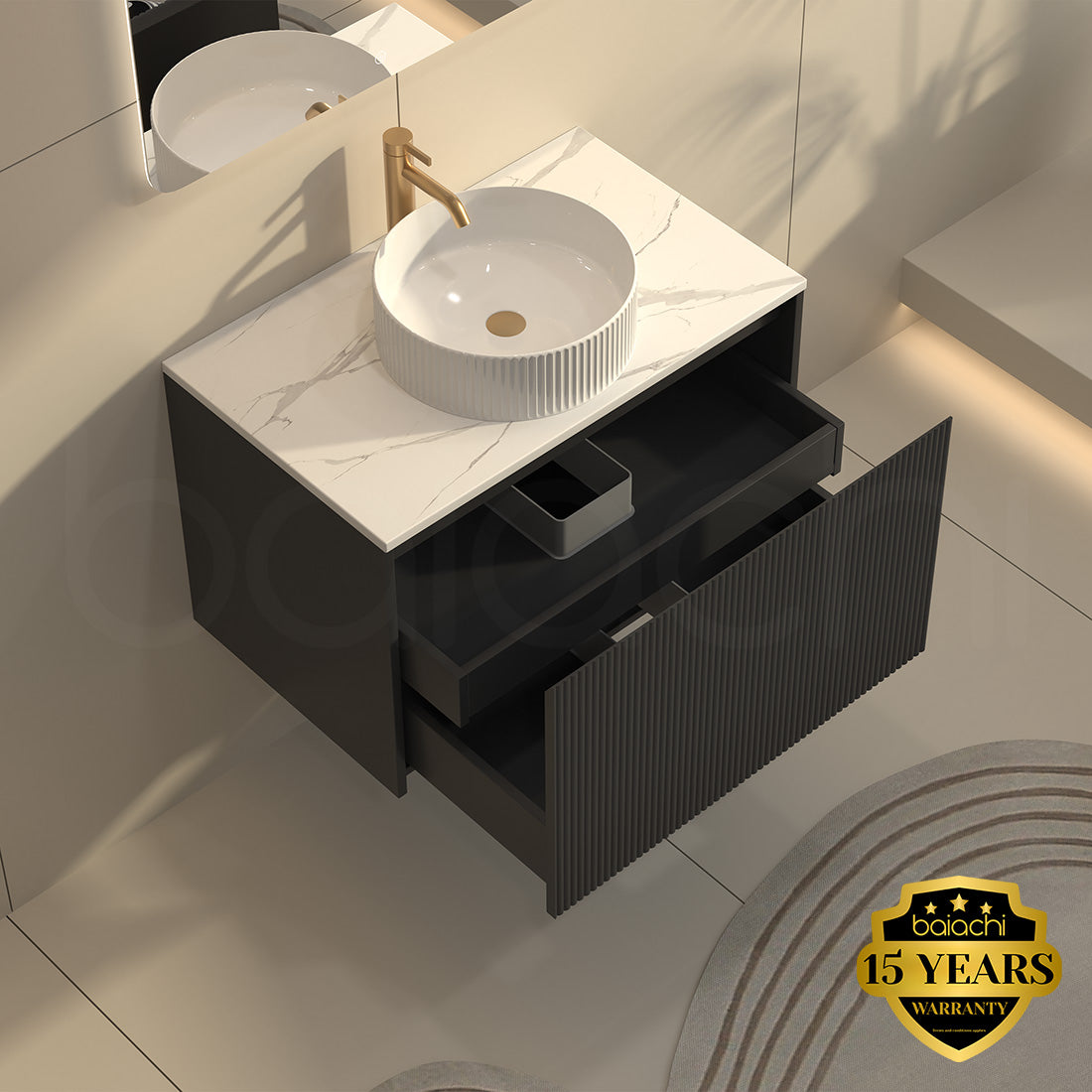 Baiachi Clermont 750mm Black Fluted Wall Hung Bathroom Vanity Cabinet