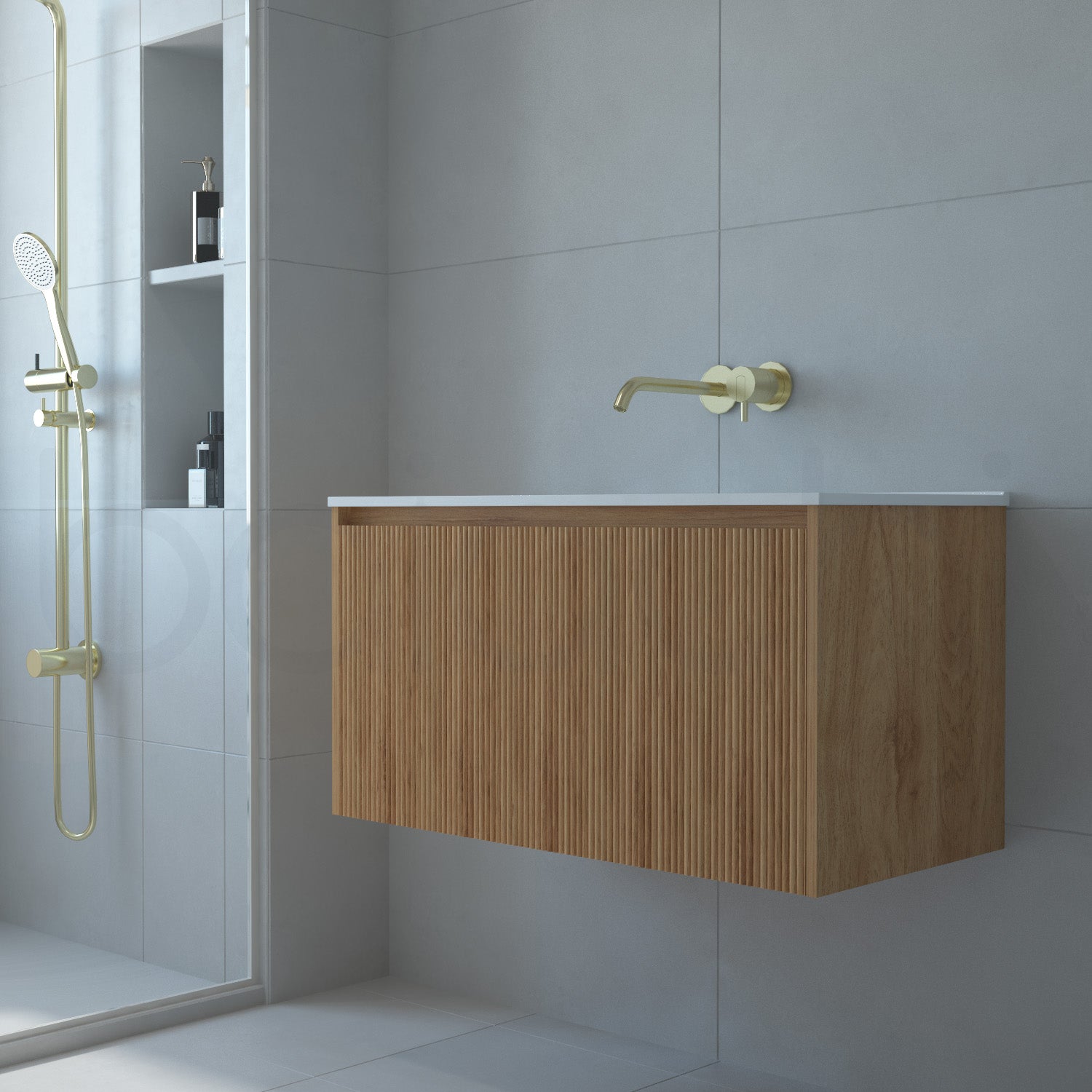 Baiachi Clermont 900 Fluted Timber Bathroom Vanity Wall Hung Ceramic Basin