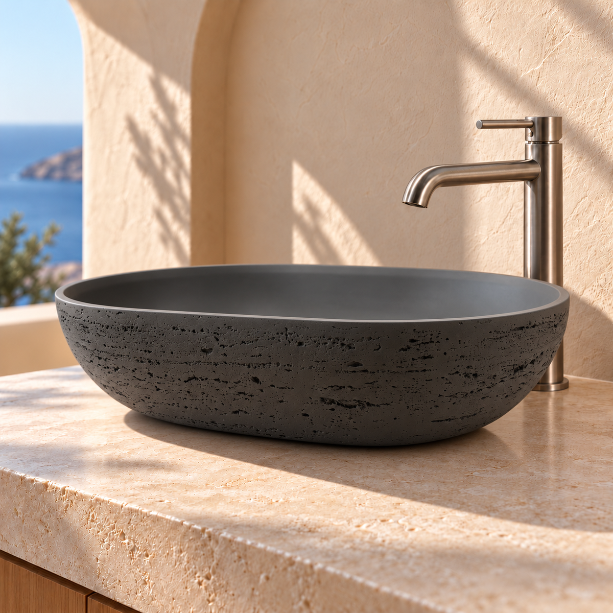 Baiachi Travertine Oval Concrete Bathroom Counter Top Basin Ankara Charcoal