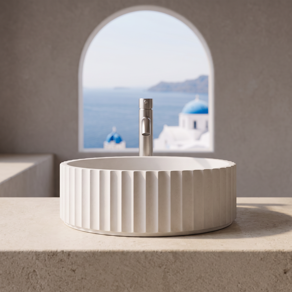 Baiachi Travertine Oval Fluted Concrete Bathroom Counter Top Basin Tuscany Warm White