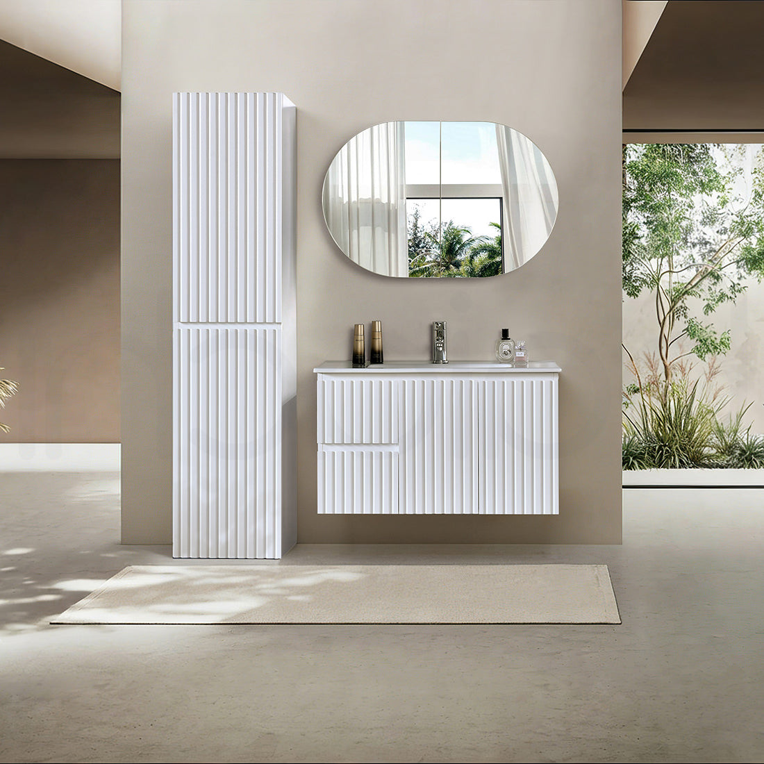 Baiachi Ivana Fluted 900mm PVC Water Proof Wall Hung Bathroom Vanity Left Drawers Cabinet