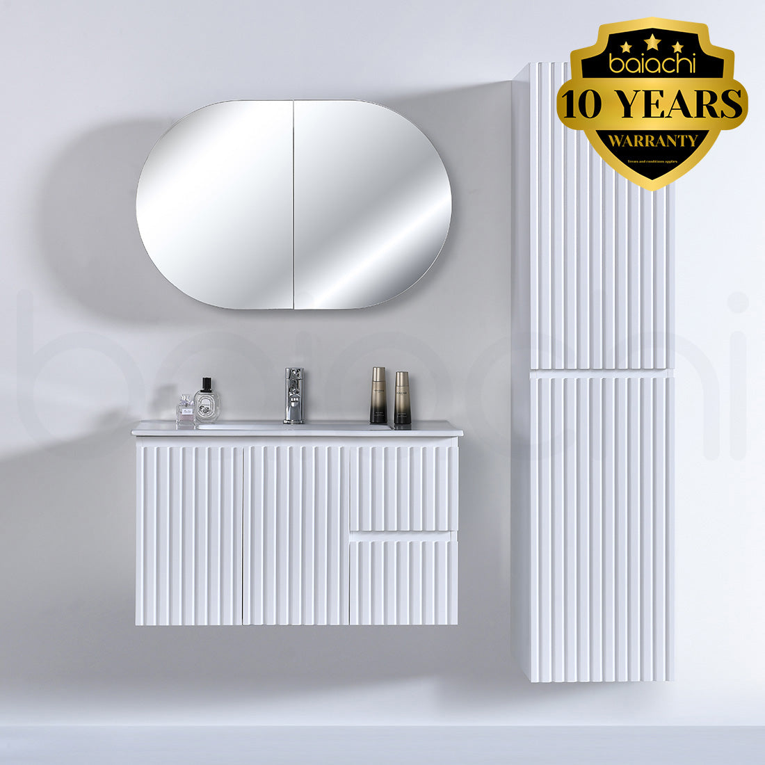 Baiachi Ivana Fluted 900mm PVC Water Proof Wall Hung Bathroom Vanity Right Drawers Cabinet