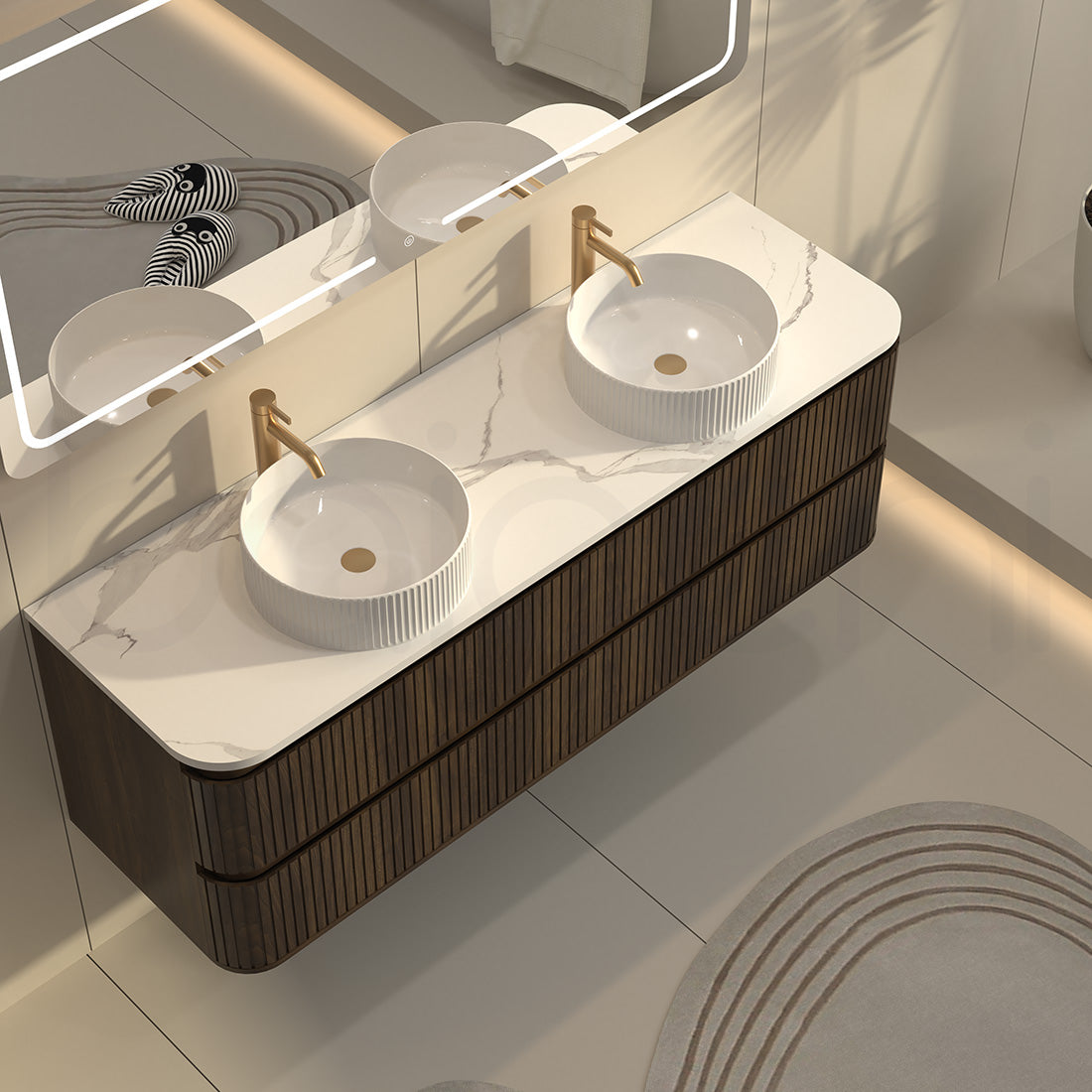 Baiachi Mareeba 1500 Fluted Timber Bathroom Vanity Wall Hung Black Walnut Calacatta Stone
