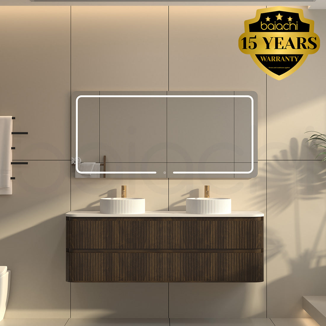Baiachi Mareeba 1500 Fluted Timber Bathroom Vanity Wall Hung Black Walnut Calacatta Stone