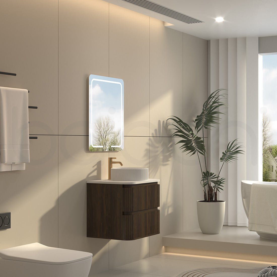 Baiachi Mareeba 600 Fluted Timber Bathroom Vanity Wall Hung Black Walnut Calacatta Stone