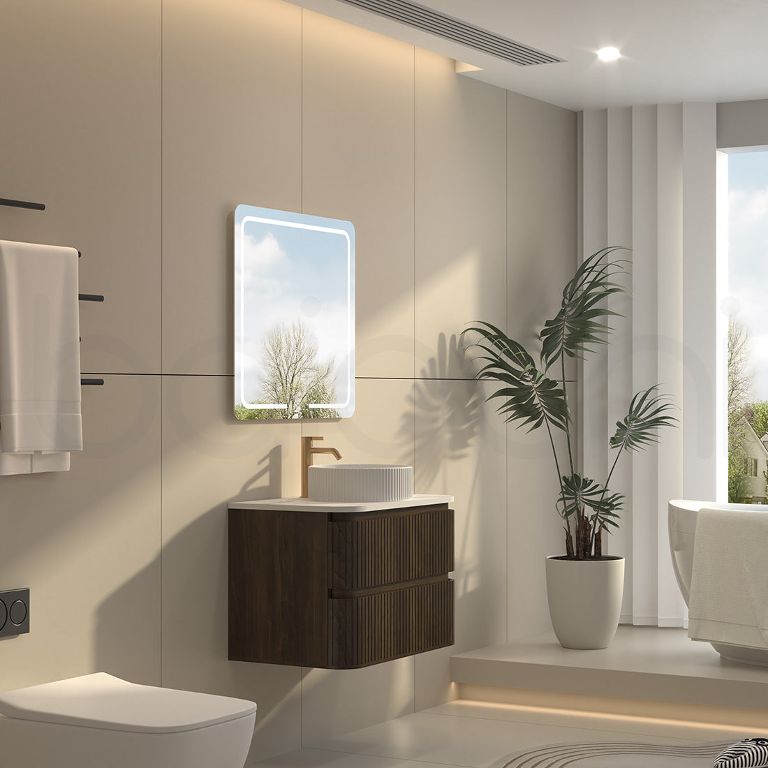 Baiachi Mareeba 750 Fluted Timber Bathroom Vanity Wall Hung Black Walnut Calacatta Stone