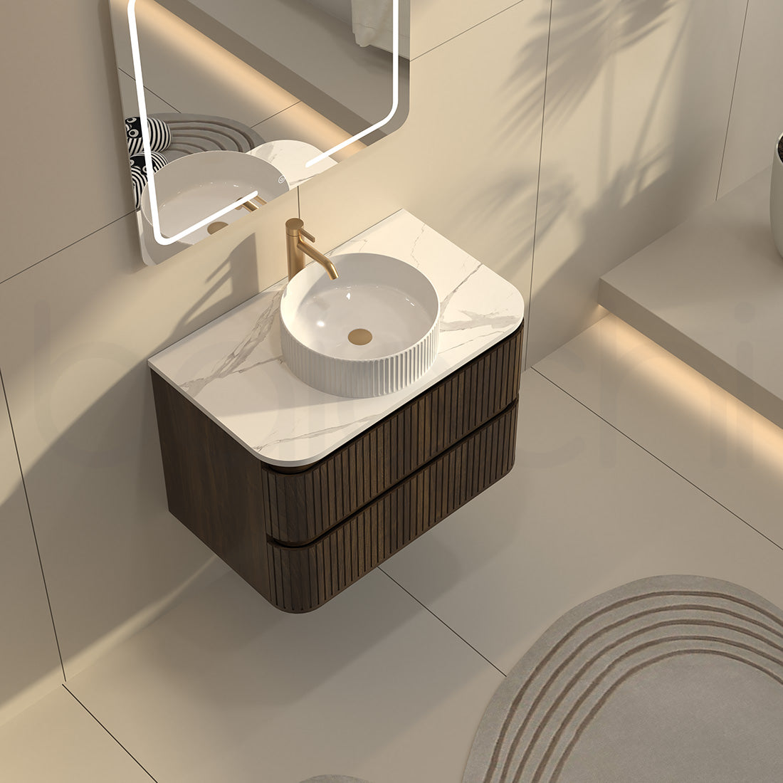 Baiachi Mareeba 900 Fluted Timber Bathroom Vanity Wall Hung Black Walnut Calacatta Stone