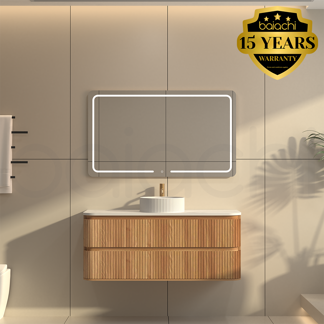 Baiachi Mareeba 1200 Timber Fluted Wall Hung Bathroom Vanity Calacatta Stone
