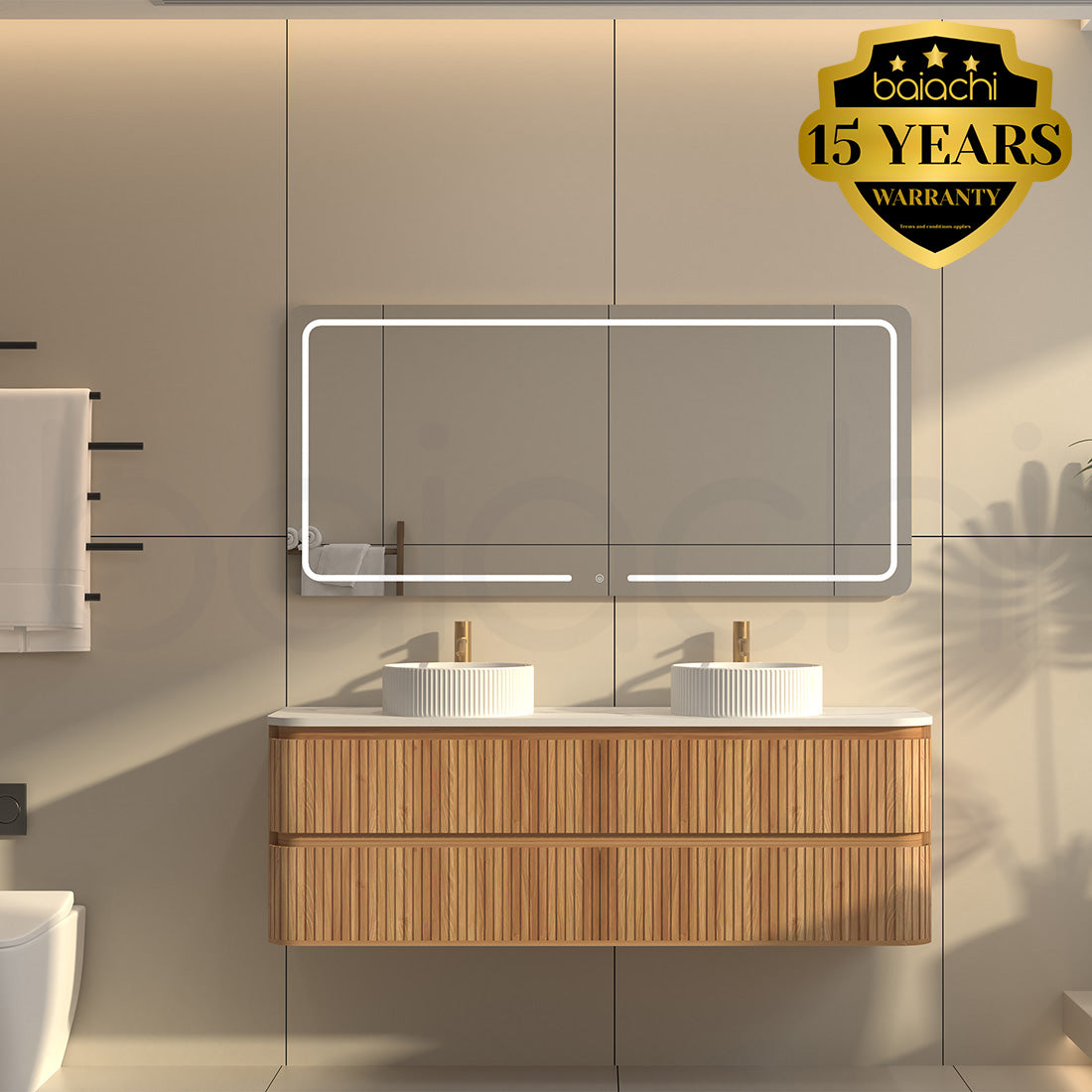 Baiachi Mareeba 1500 Timber Fluted Wall Hung Bathroom Vanity Calacatta Stone