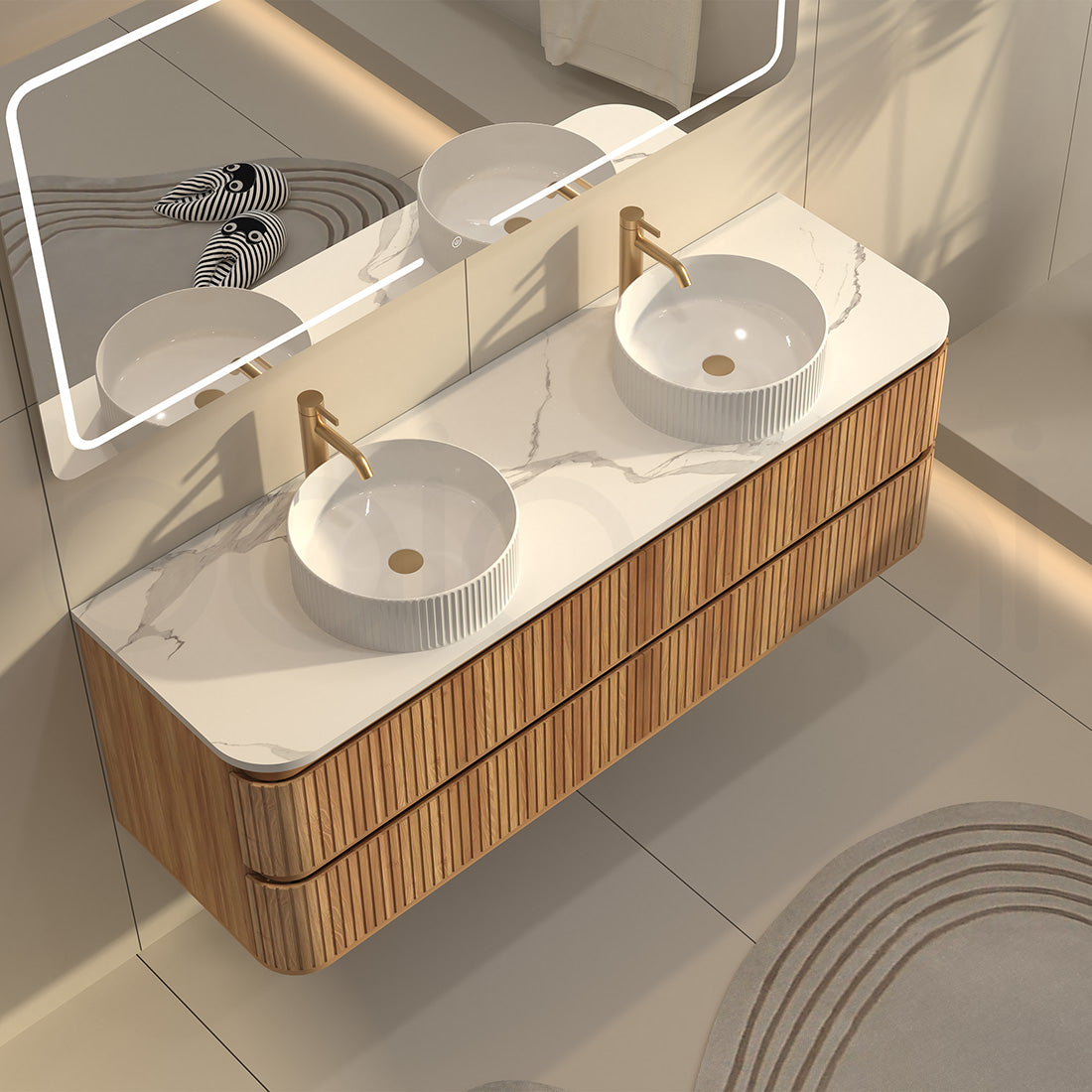 Baiachi Mareeba 1500 Timber Fluted Wall Hung Bathroom Vanity Calacatta Stone