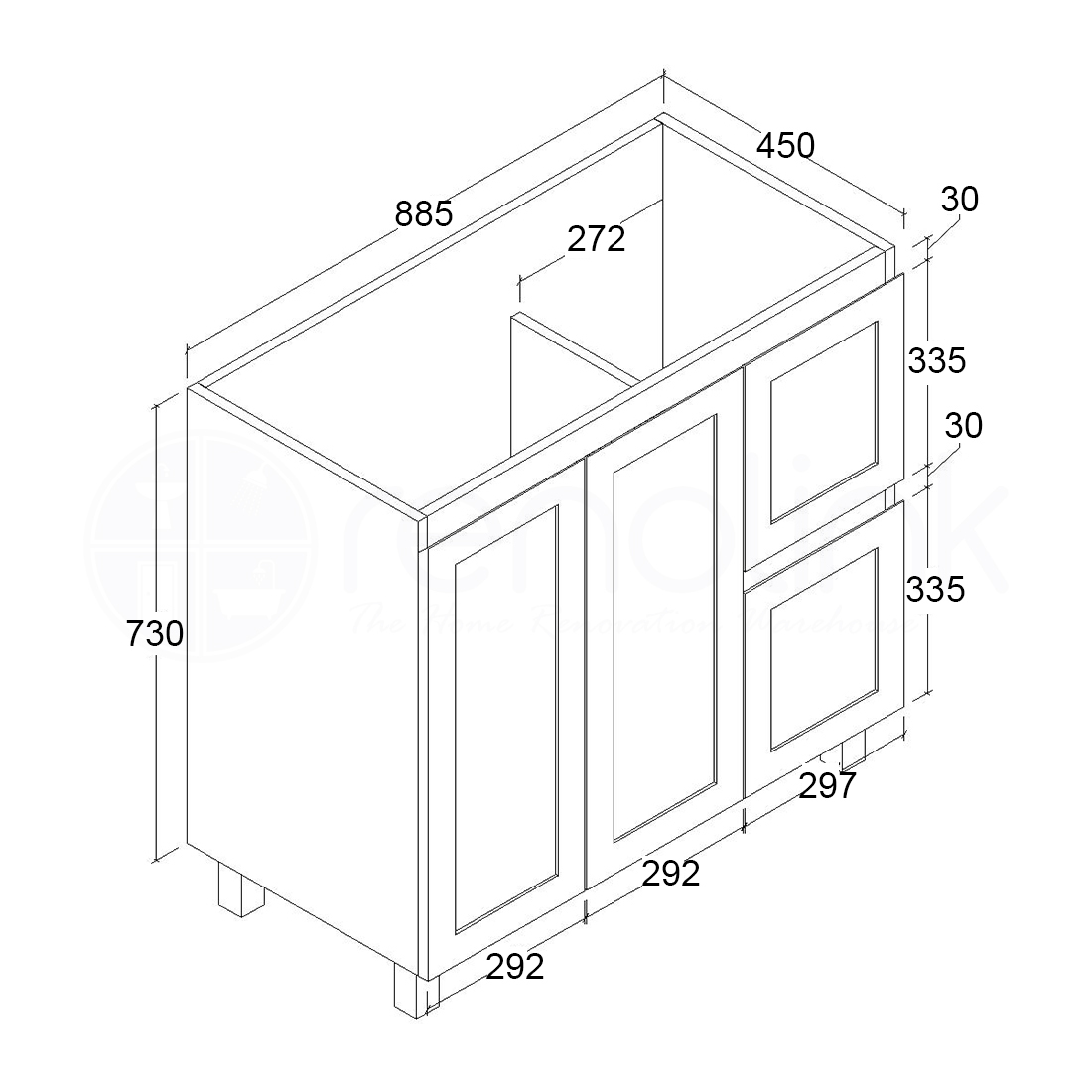Shaker Plywood 900mm Bathroom Vanity Right Drawers Ceramic Basin