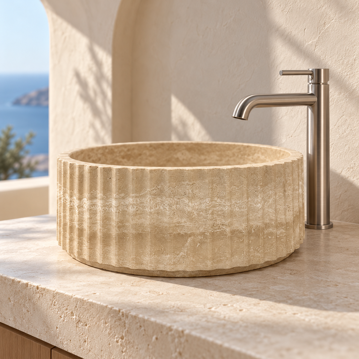 Baiachi Round Fluted Bathroom Counter Top Stone Basin Natural Travertine