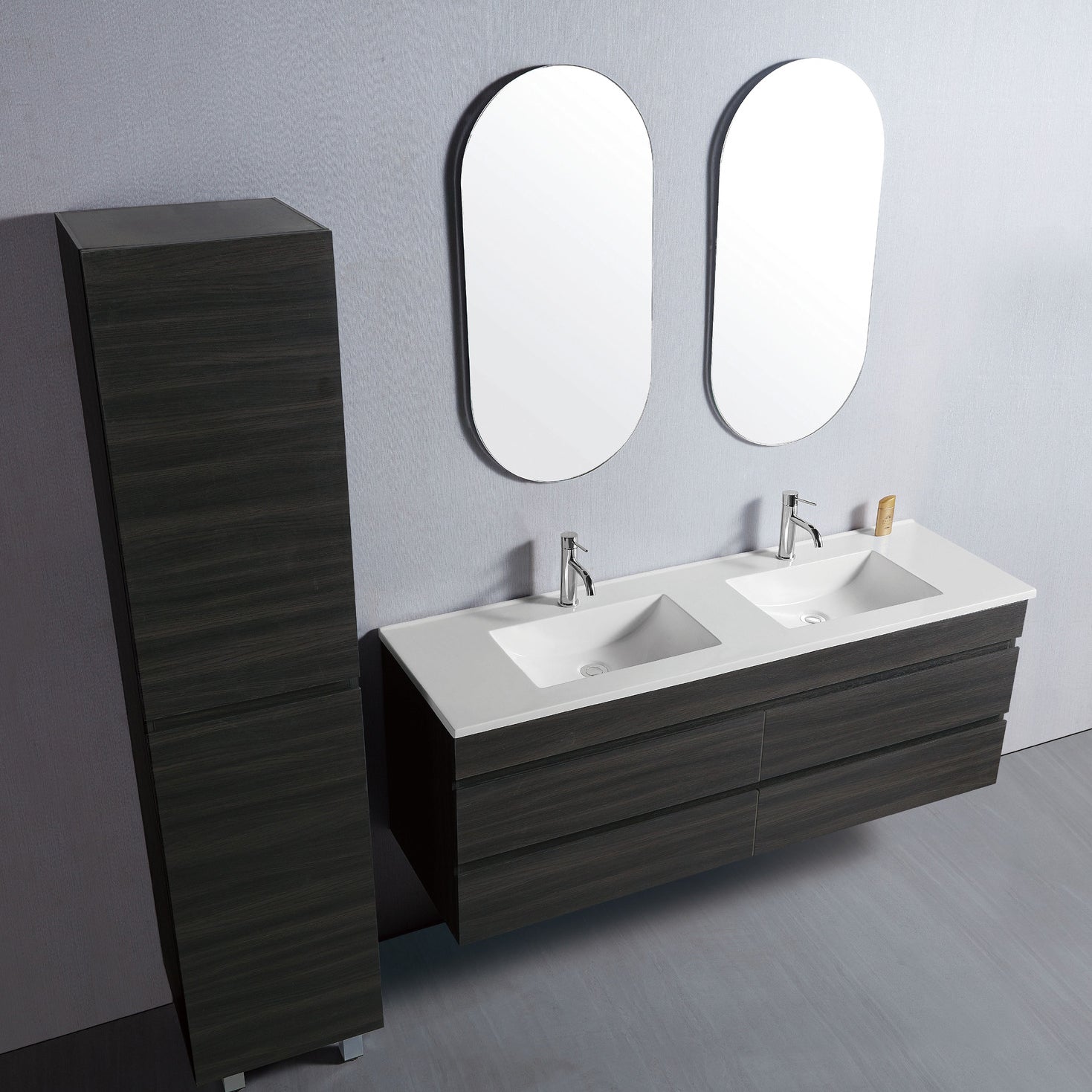 Vellena 1500mm PVC Water Proof Empire Oak Wall Hung Bathroom Vanity Double Poly Marble Basin