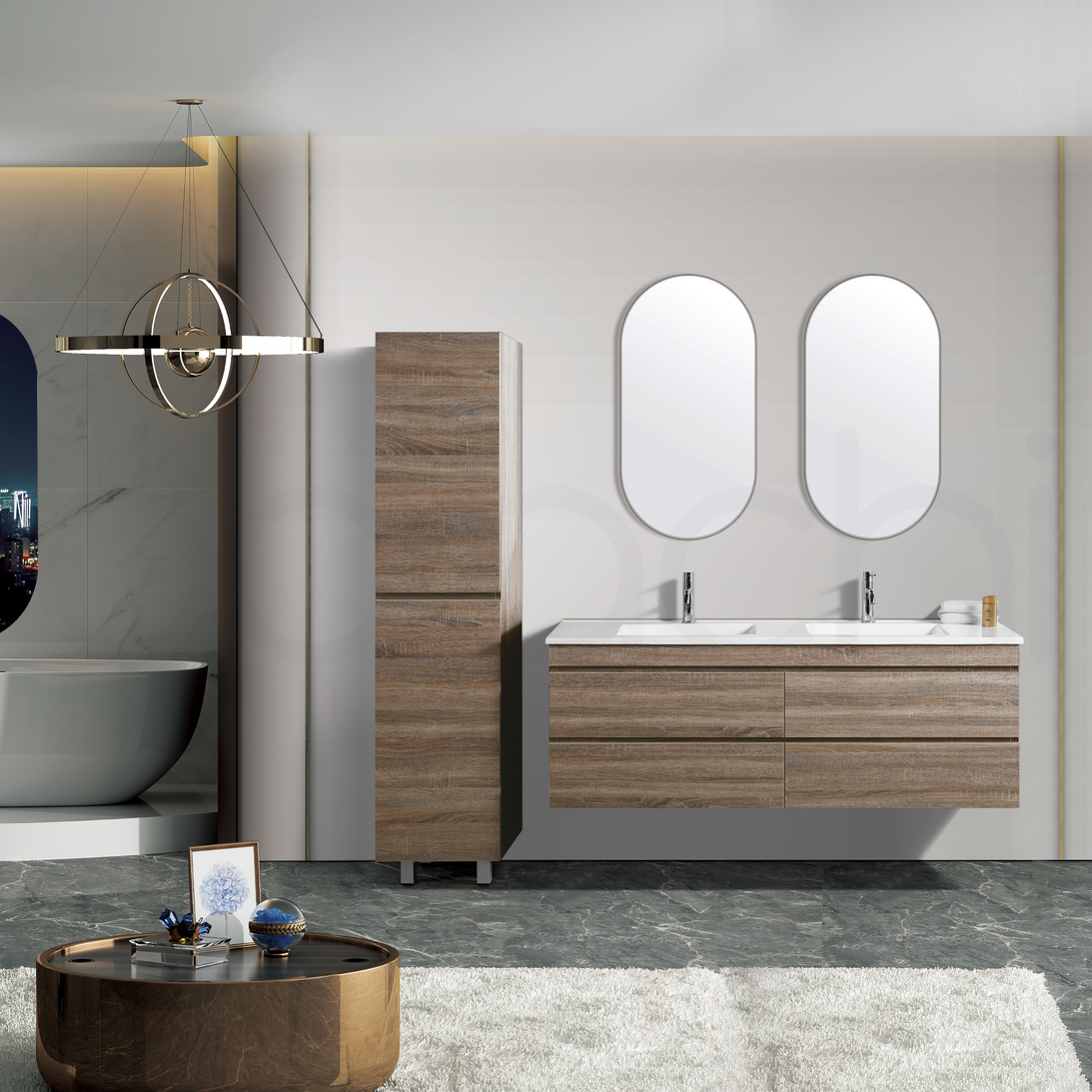 Vellena 1500mm Plywood Prime Oak Wall Hung Bathroom Vanity Calacatta Stone
