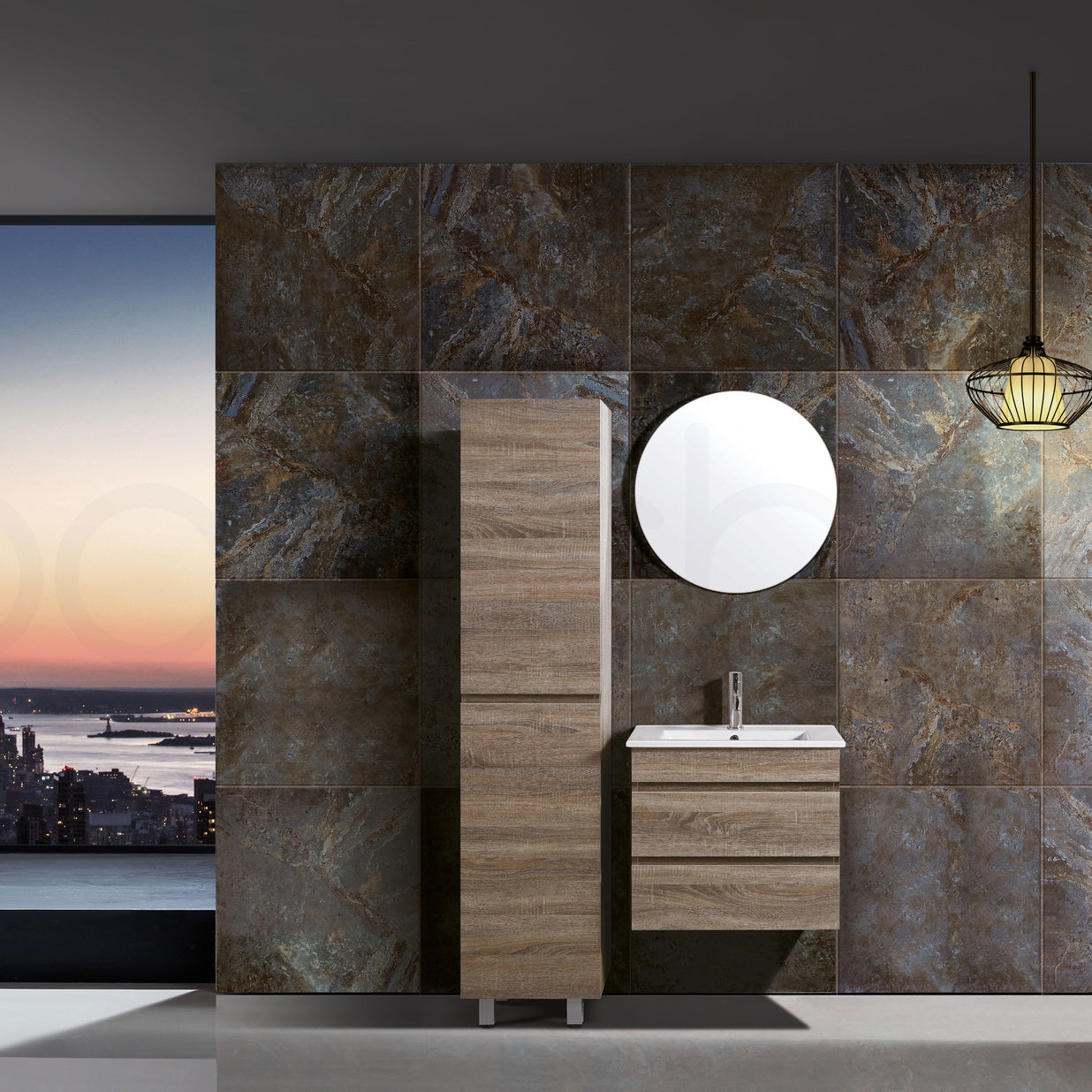 Vellena 600mm PVC Water Proof Prime Oak Wall Hung Bathroom Vanity Calacatta Quartz Stone