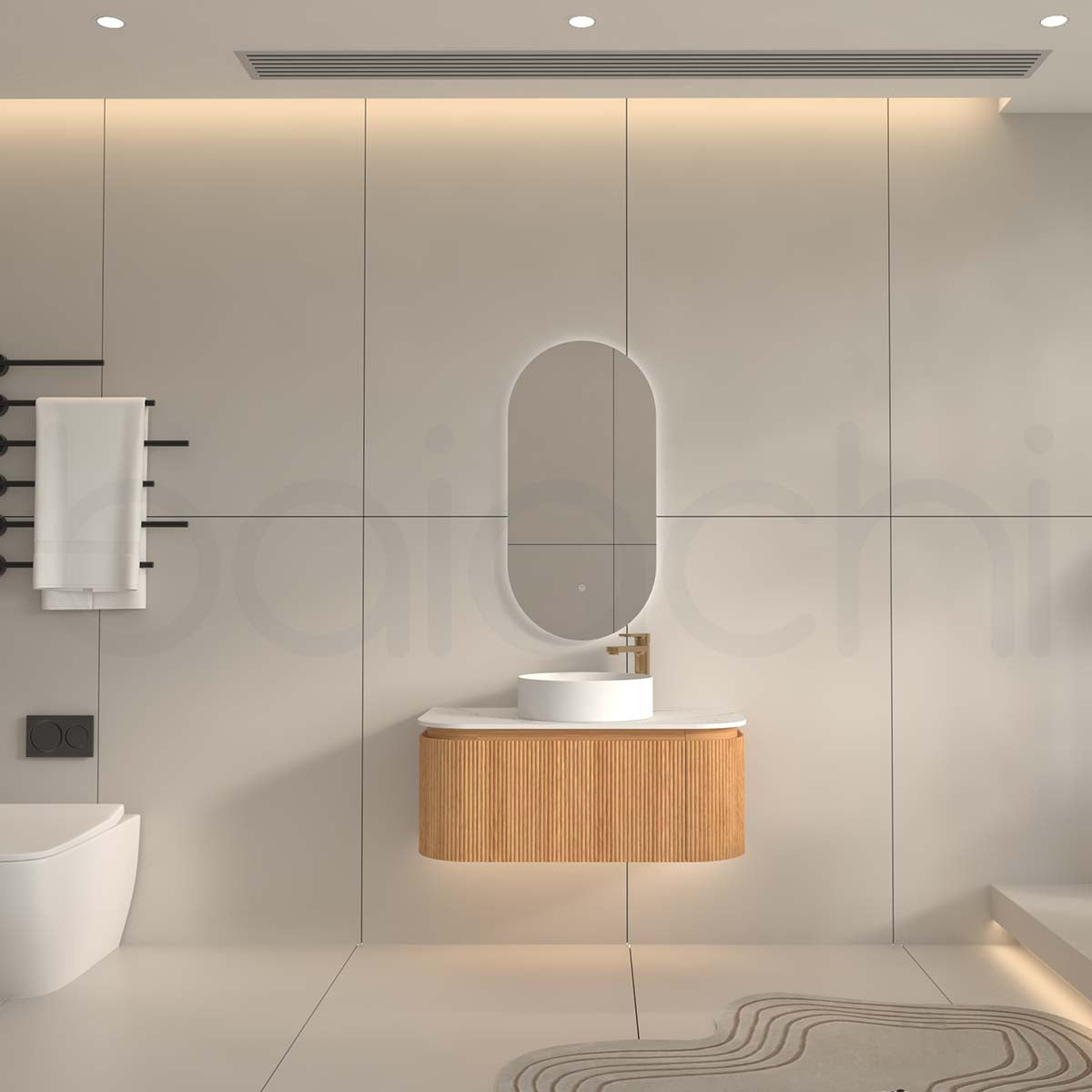 Baiachi Gympie 900 Fluted Timber Bathroom Vanity Wall Hung Calacatta Stone