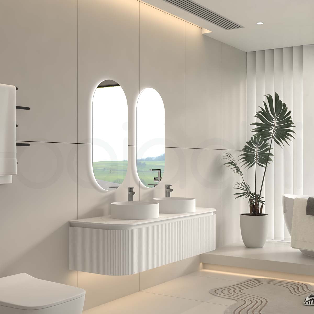 Baiachi Gympie 1500 White Fluted Timber Bathroom Vanity Wall Hung Calacatta Stone