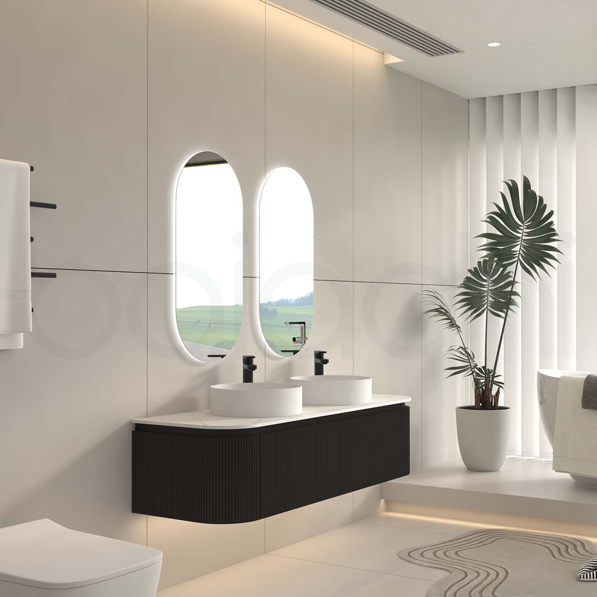 Baiachi Gympie 1500 Black Fluted Timber Bathroom Vanity Wall Hung Calacatta Stone