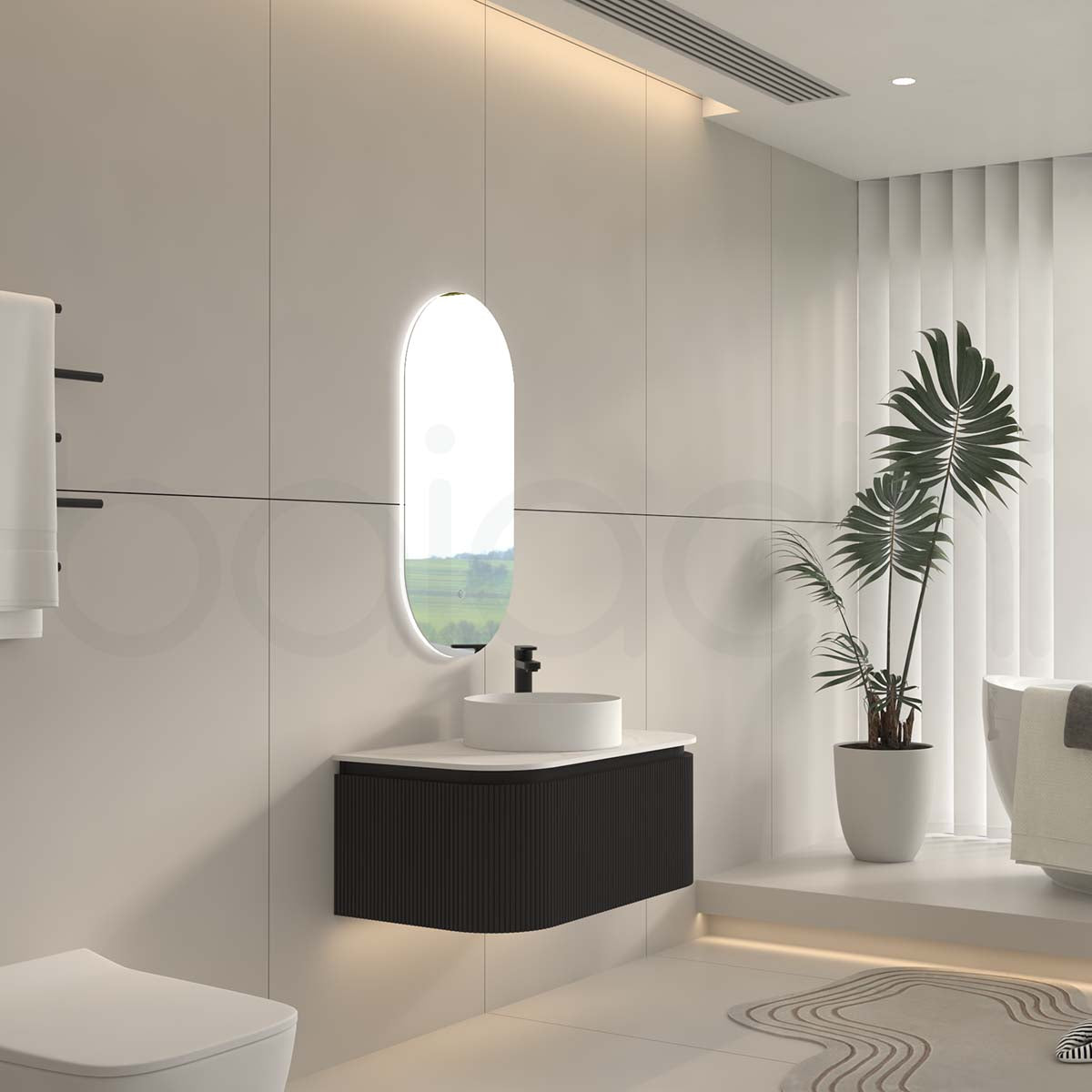 Baiachi Gympie 900 Black Fluted Timber Bathroom Vanity Wall Hung Calacatta Stone
