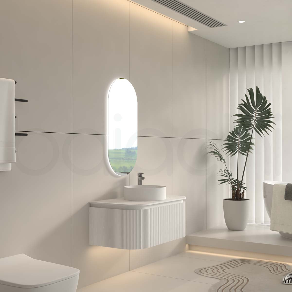 Baiachi Gympie 900 White Fluted Timber Bathroom Vanity Wall Hung Calacatta Stone