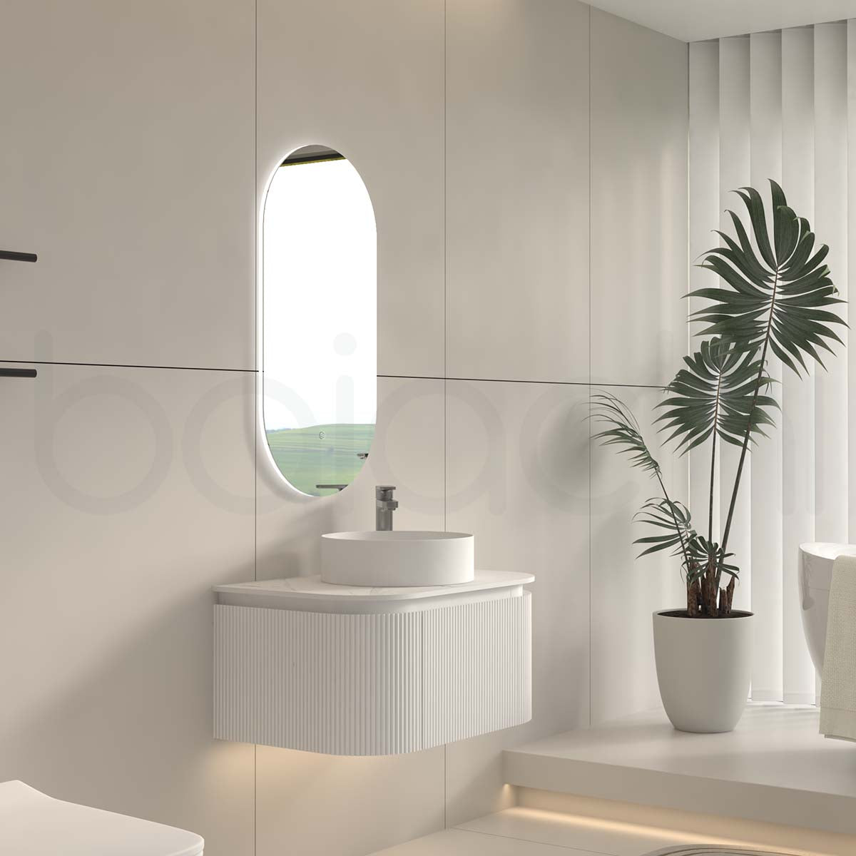 Baiachi Gympie 750 White Fluted Timber Bathroom Vanity Wall Hung Calacatta Stone