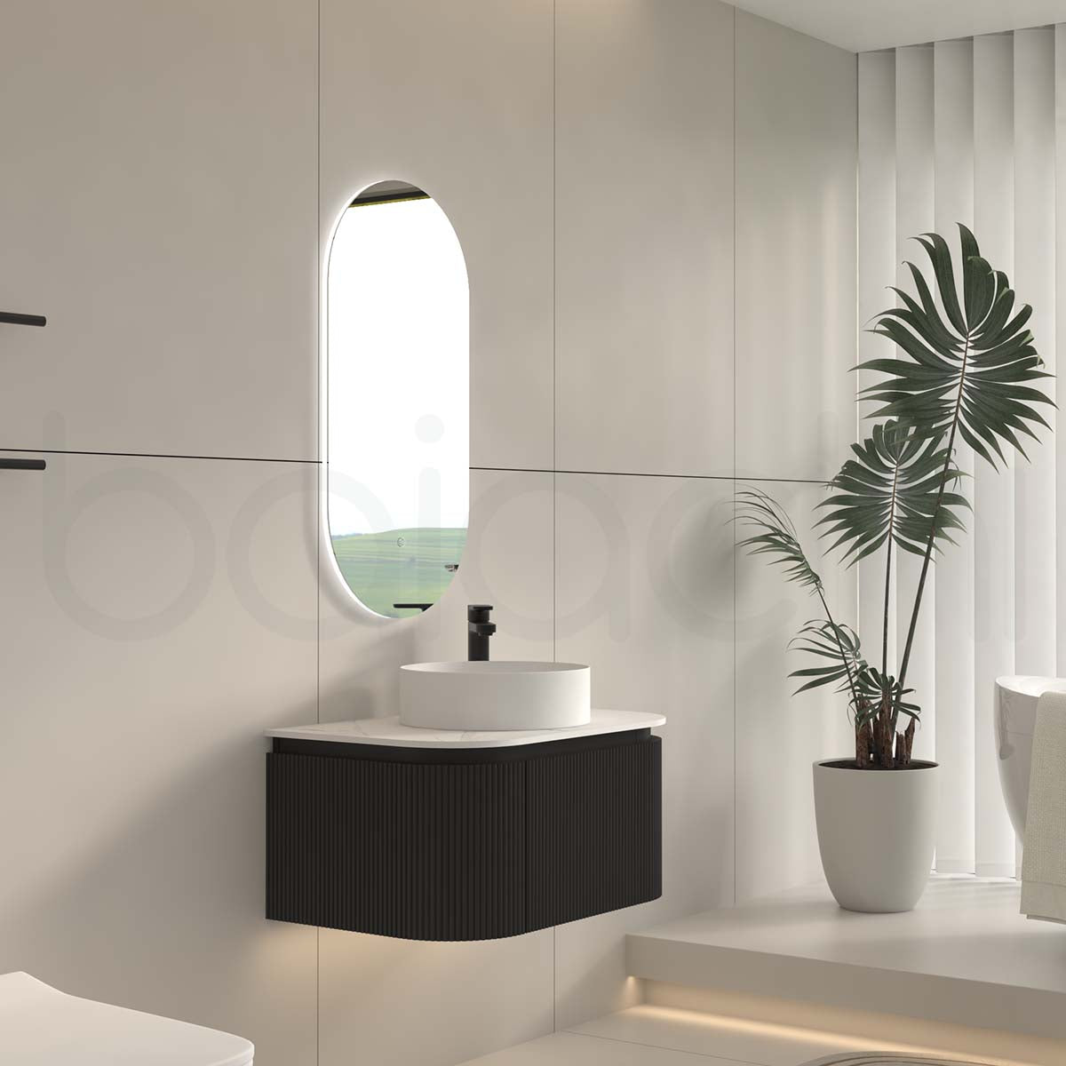 Baiachi Gympie 750 Black Fluted Timber Bathroom Vanity Wall Hung Calacatta Stone