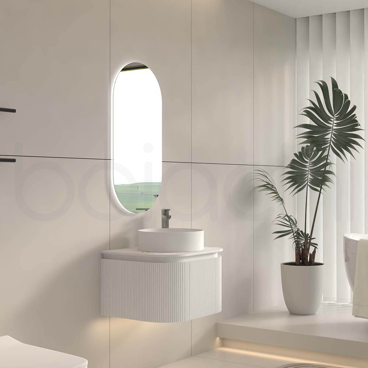 Baiachi Gympie 600 White Fluted Timber Bathroom Vanity Wall Hung Calacatta Stone