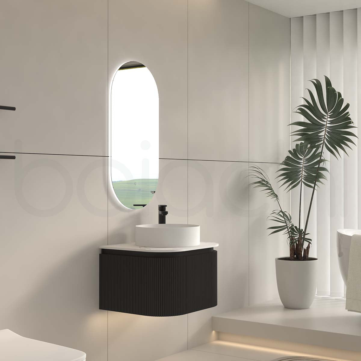 Baiachi Gympie 600 Black Fluted Timber Bathroom Vanity Wall Hung Calacatta Stone
