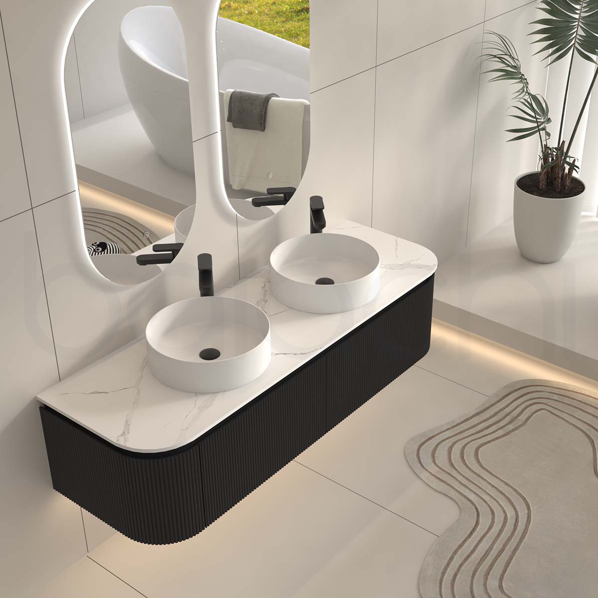 Baiachi Gympie 1500 Black Fluted Timber Bathroom Vanity Wall Hung Calacatta Stone