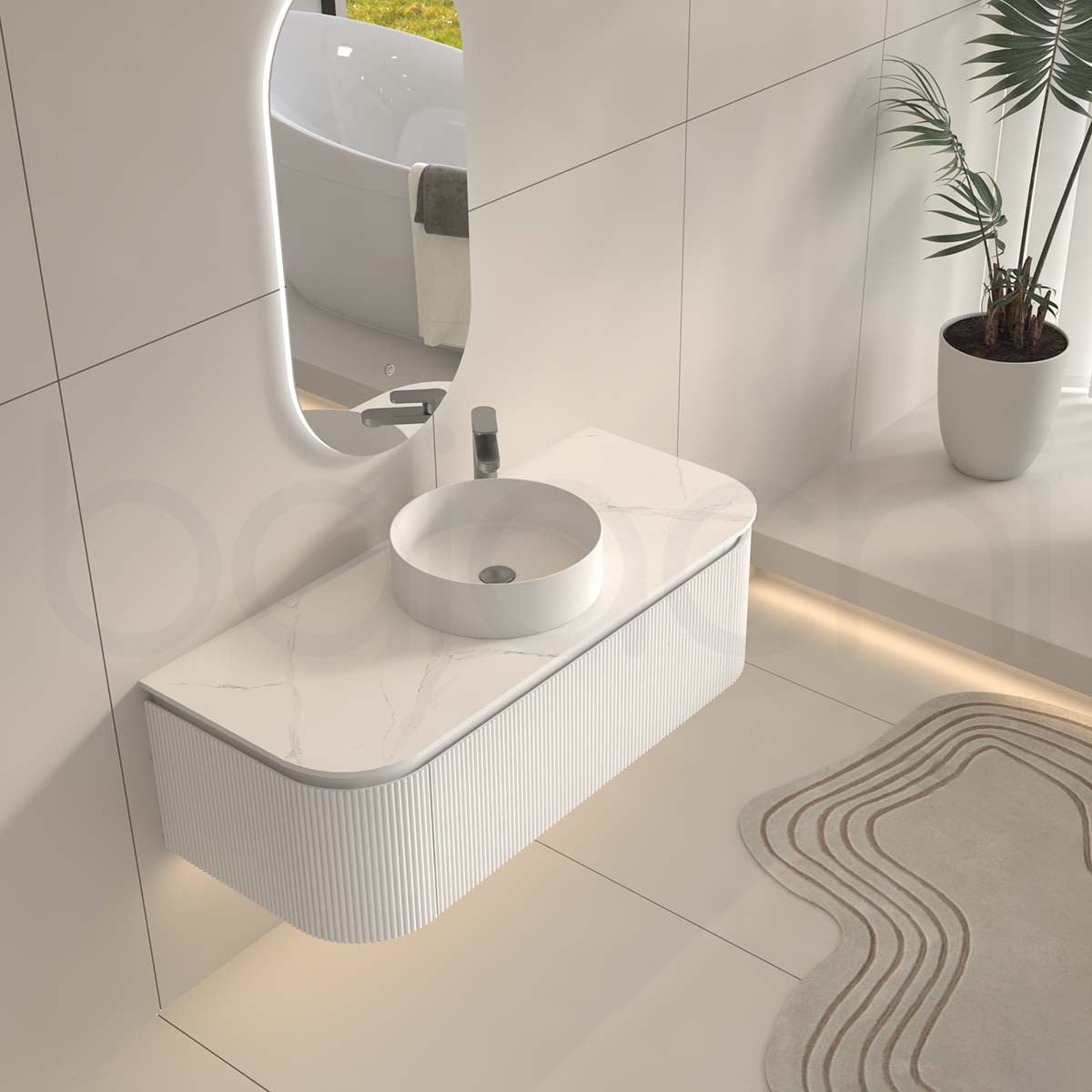 Baiachi Gympie 1200 White Fluted Timber Bathroom Vanity Wall Hung Calacatta Stone