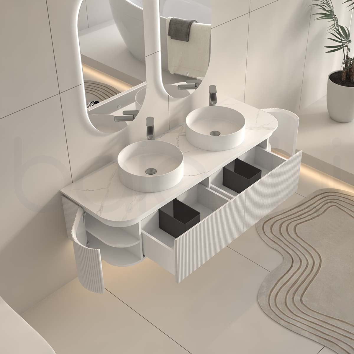 Baiachi Gympie 1500 White Fluted Timber Bathroom Vanity Wall Hung Calacatta Stone