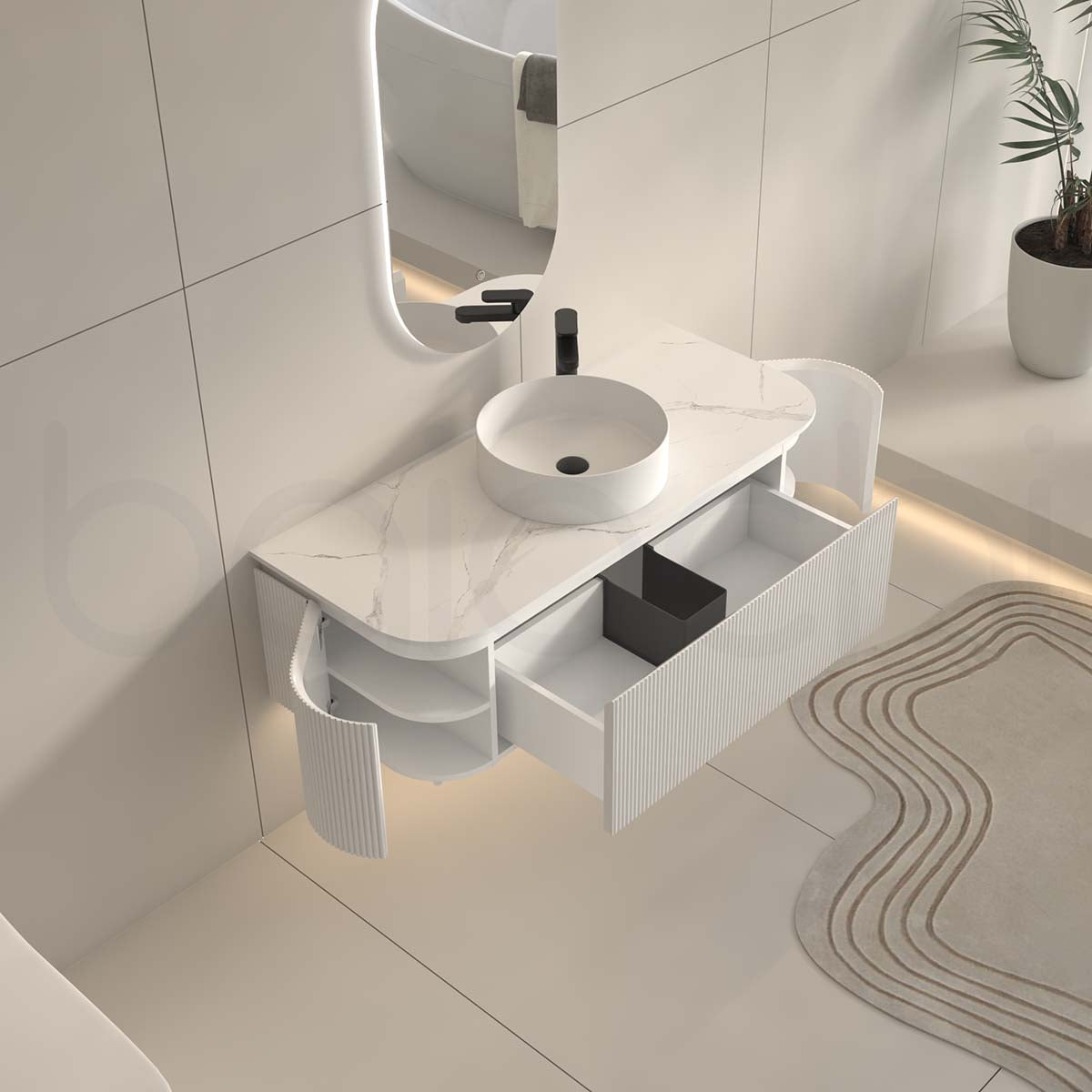 Baiachi Gympie 1200 White Fluted Timber Bathroom Vanity Wall Hung Calacatta Stone