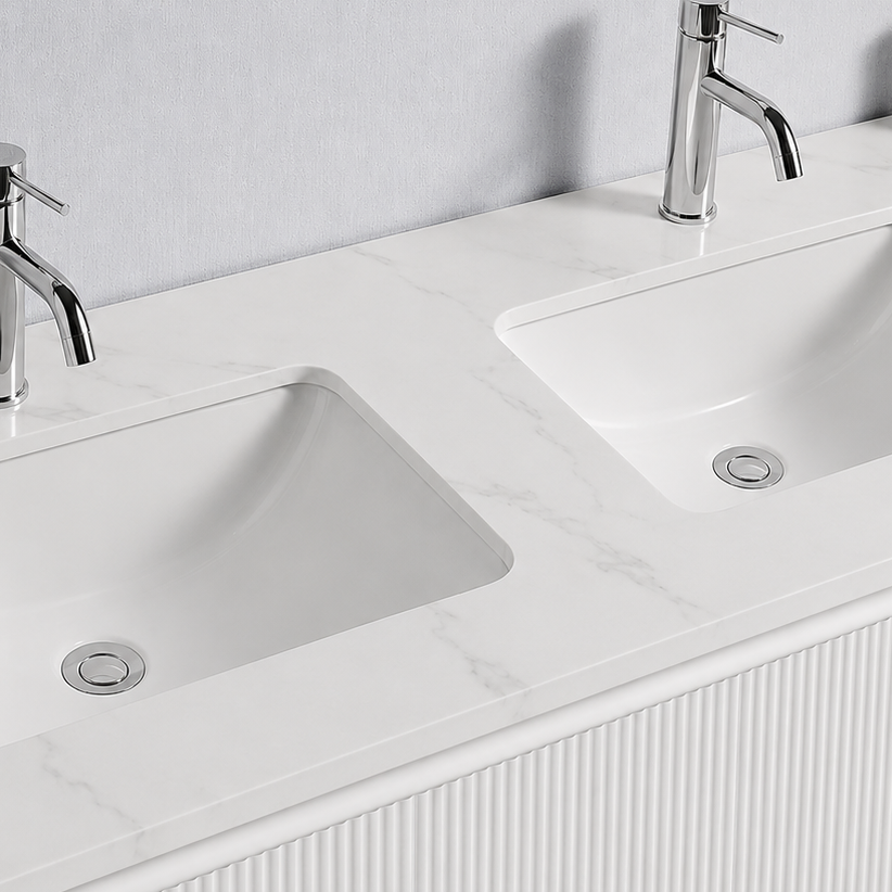 Baiachi Clermont 1200 White Fluted Wall Hung Bathroom Vanity Calacatta Stone Double Undercounter Basin