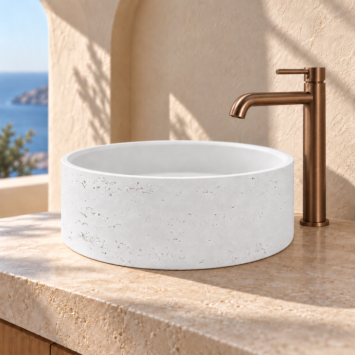 Baiachi Travertine Round Concrete Bathroom Counter Top Basin Tivoli Natural White