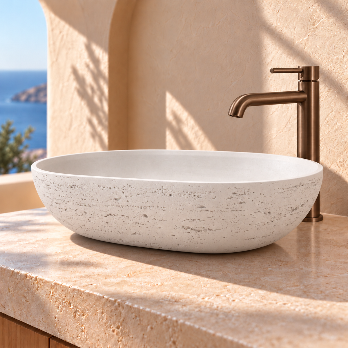Baiachi Travertine Oval Concrete Bathroom Counter Top Basin Tivoli Natural White