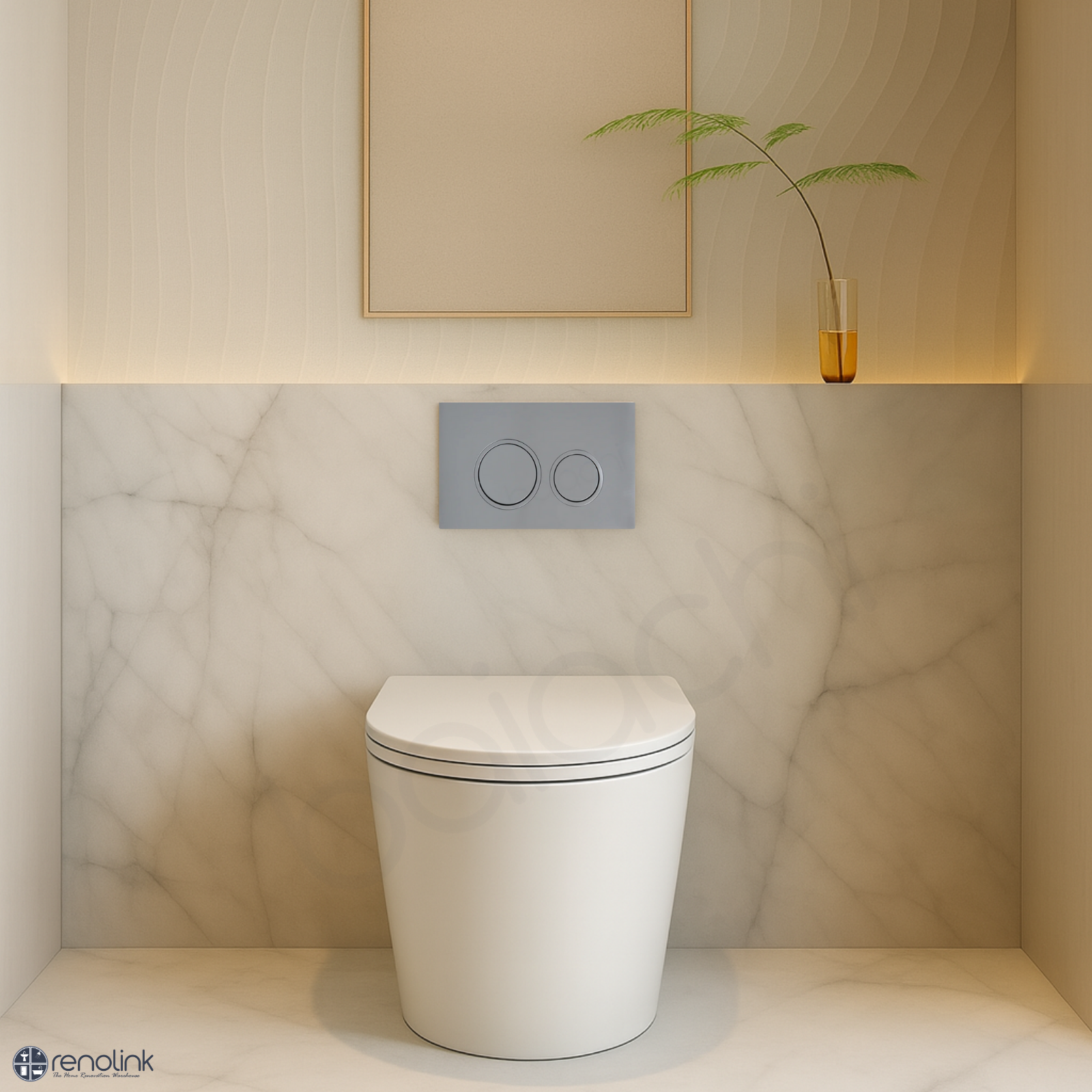 Ballina Rimless In Wall Toilet Suite with Round Brushed Nickel Flushing Buttons