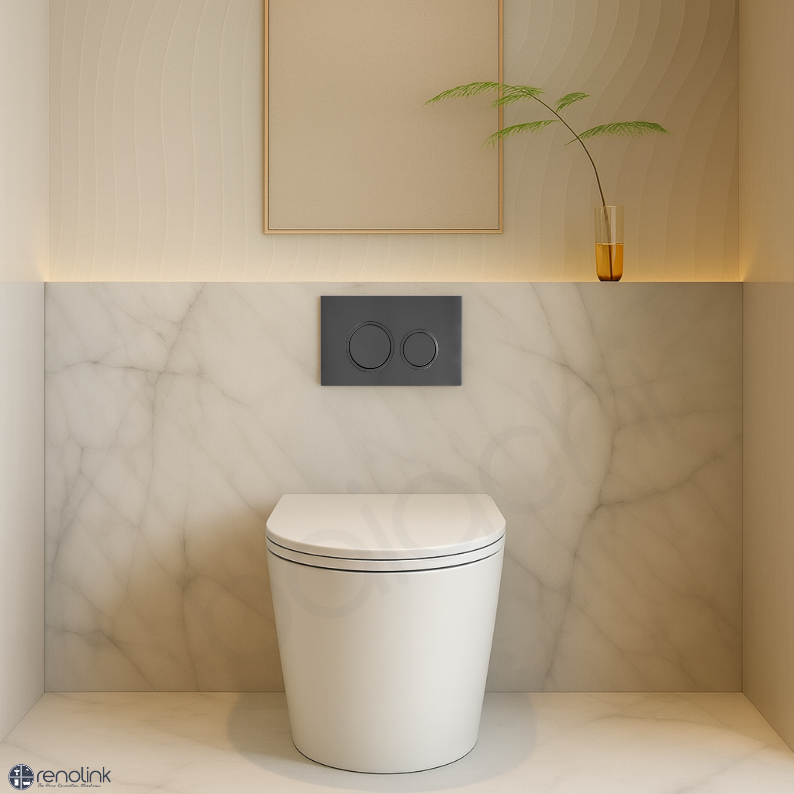 Ballina Rimless In Wall Toilet Suite with Round Gun Metal Flushing Buttons