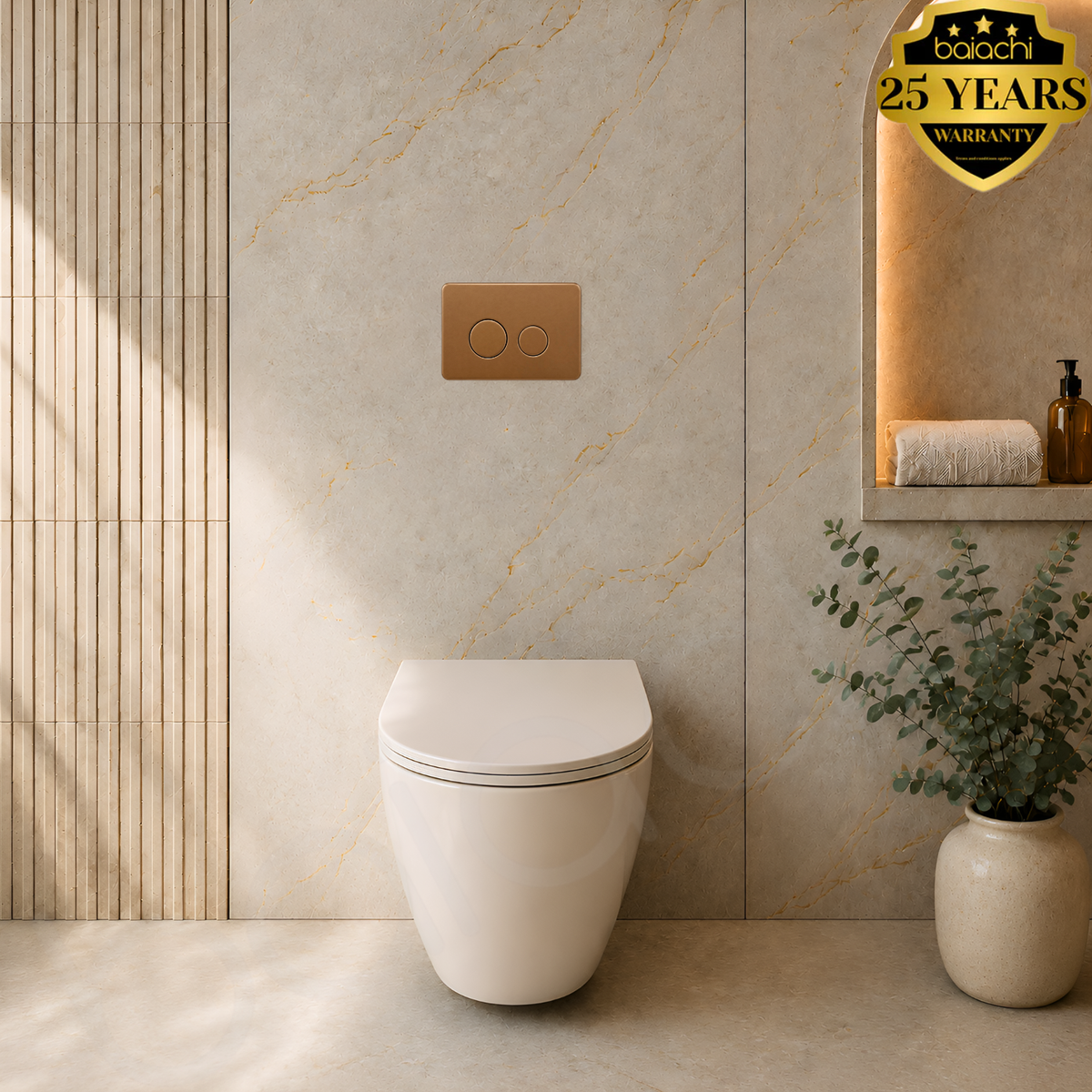 Baiachi Involution Rimless In Wall Tornado Toilet Suite with Round Stainless Steel Brushed Copper Flushing Buttons